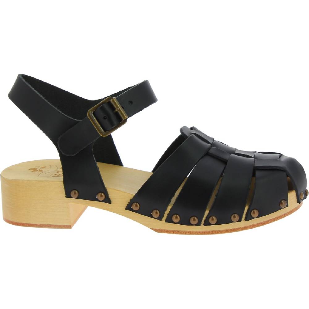 Lartigiano Del Cuoio Zoccoli in legno artigianali da donna con tomaia a gabbia in pelle nera Moda