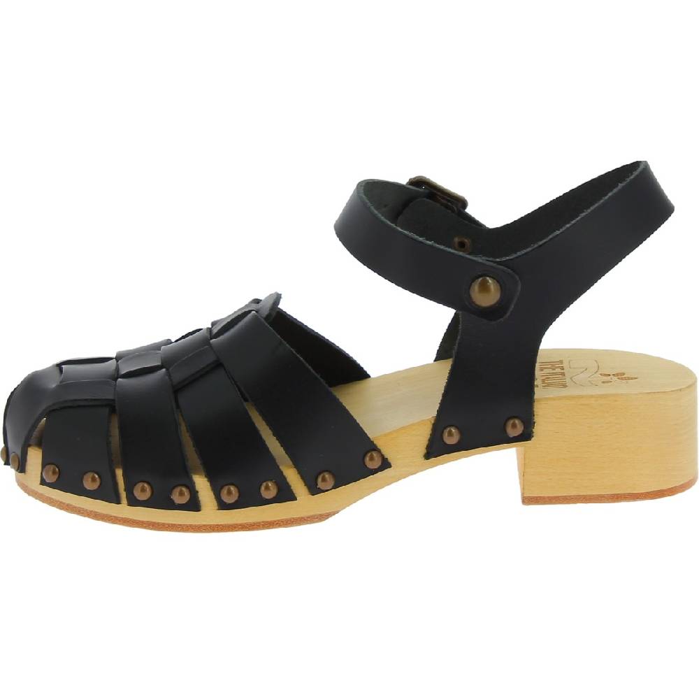 Lartigiano Del Cuoio Zoccoli in legno artigianali da donna con tomaia a gabbia in pelle nera Moda