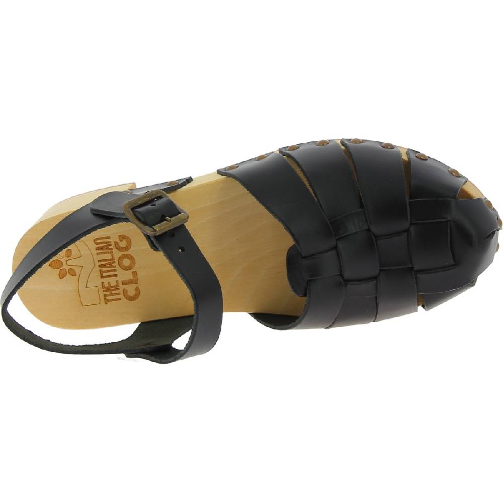 Lartigiano Del Cuoio Zoccoli in legno artigianali da donna con tomaia a gabbia in pelle nera Moda