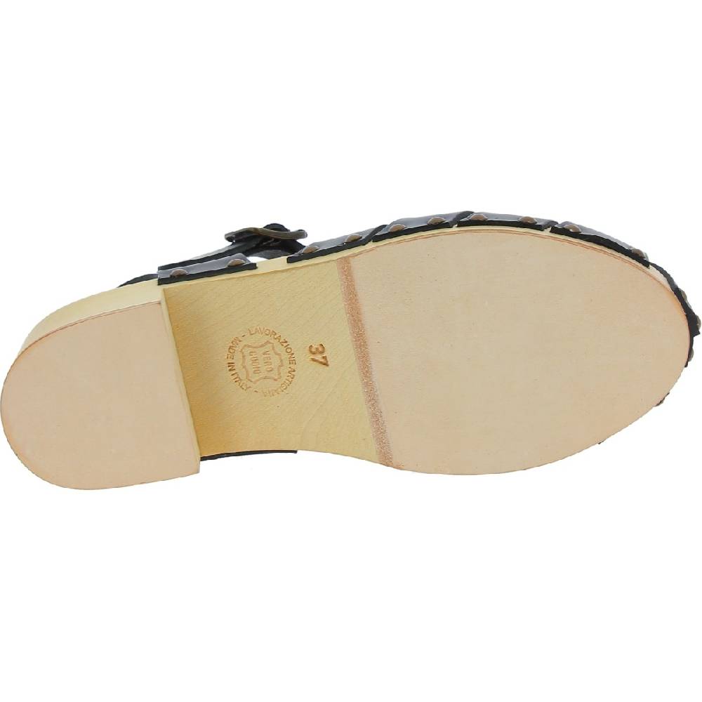 Lartigiano Del Cuoio Zoccoli in legno artigianali da donna con tomaia a gabbia in pelle nera Moda