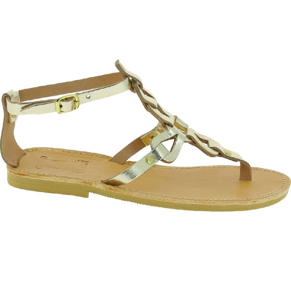 Lartigiano Del Cuoio Sandali infradito da donna con lacci incrociati fatti a mano in pelle di vitello laminata oro Italy