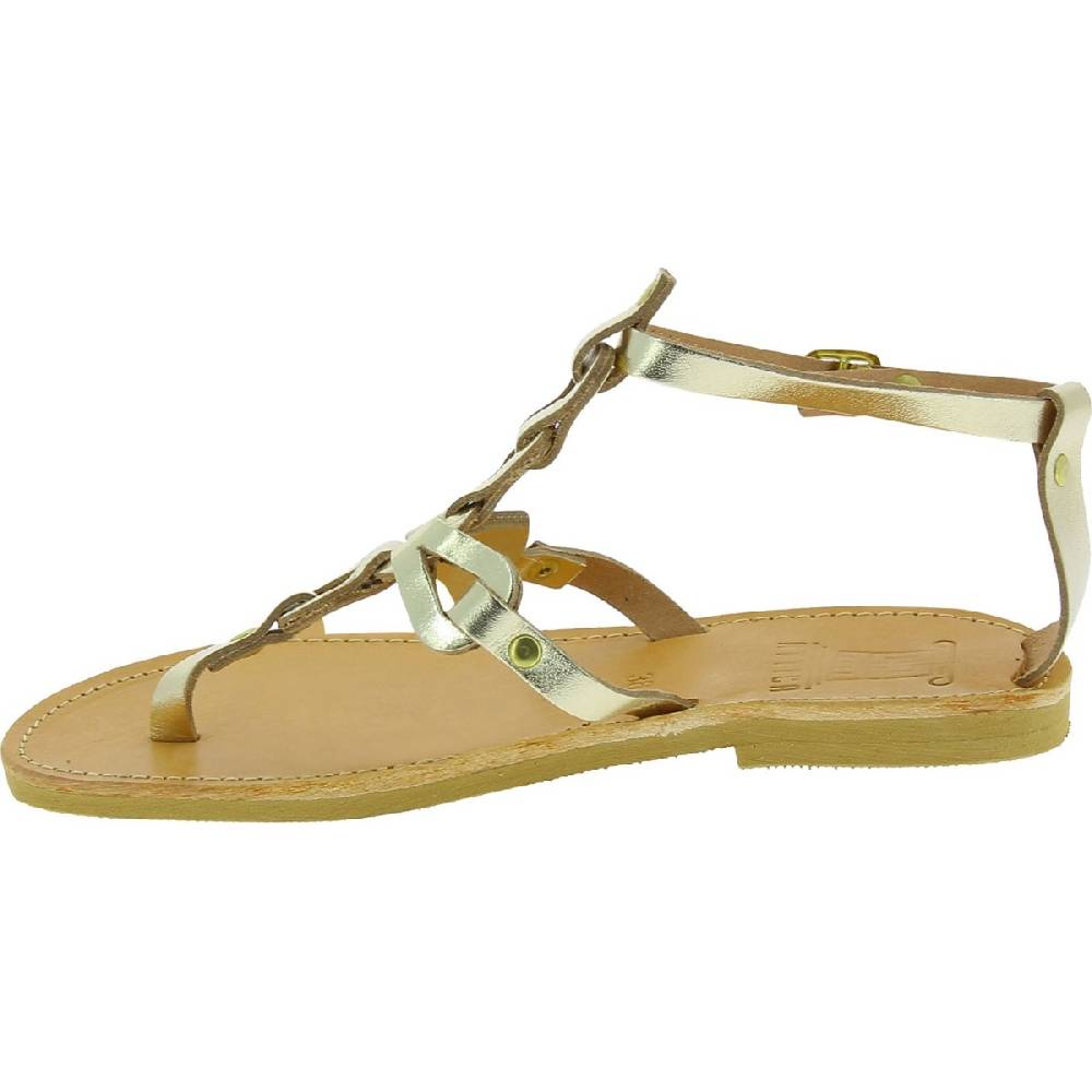 Lartigiano Del Cuoio Sandali infradito da donna con lacci incrociati fatti a mano in pelle di vitello laminata oro Italy