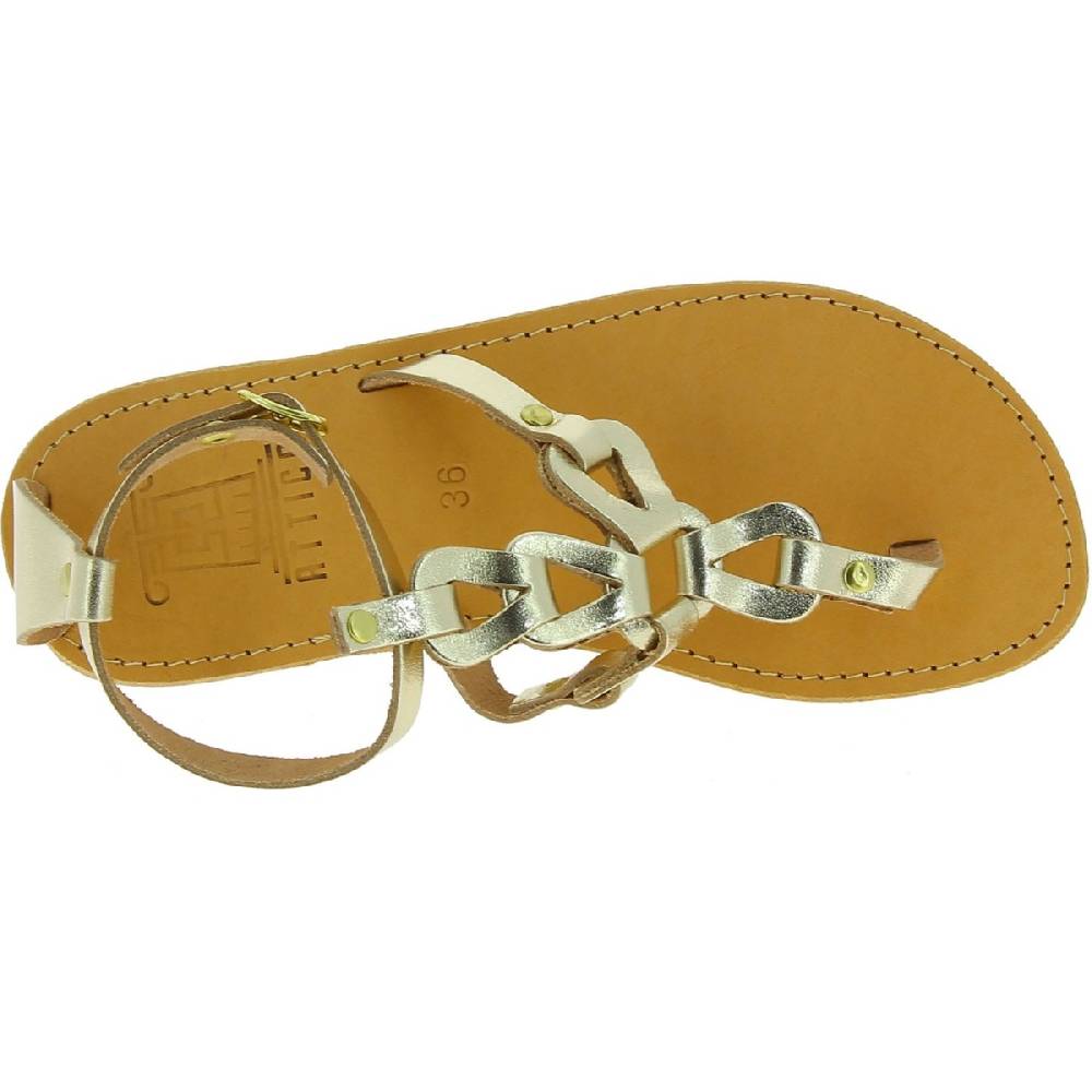 Lartigiano Del Cuoio Sandali infradito da donna con lacci incrociati fatti a mano in pelle di vitello laminata oro Italy