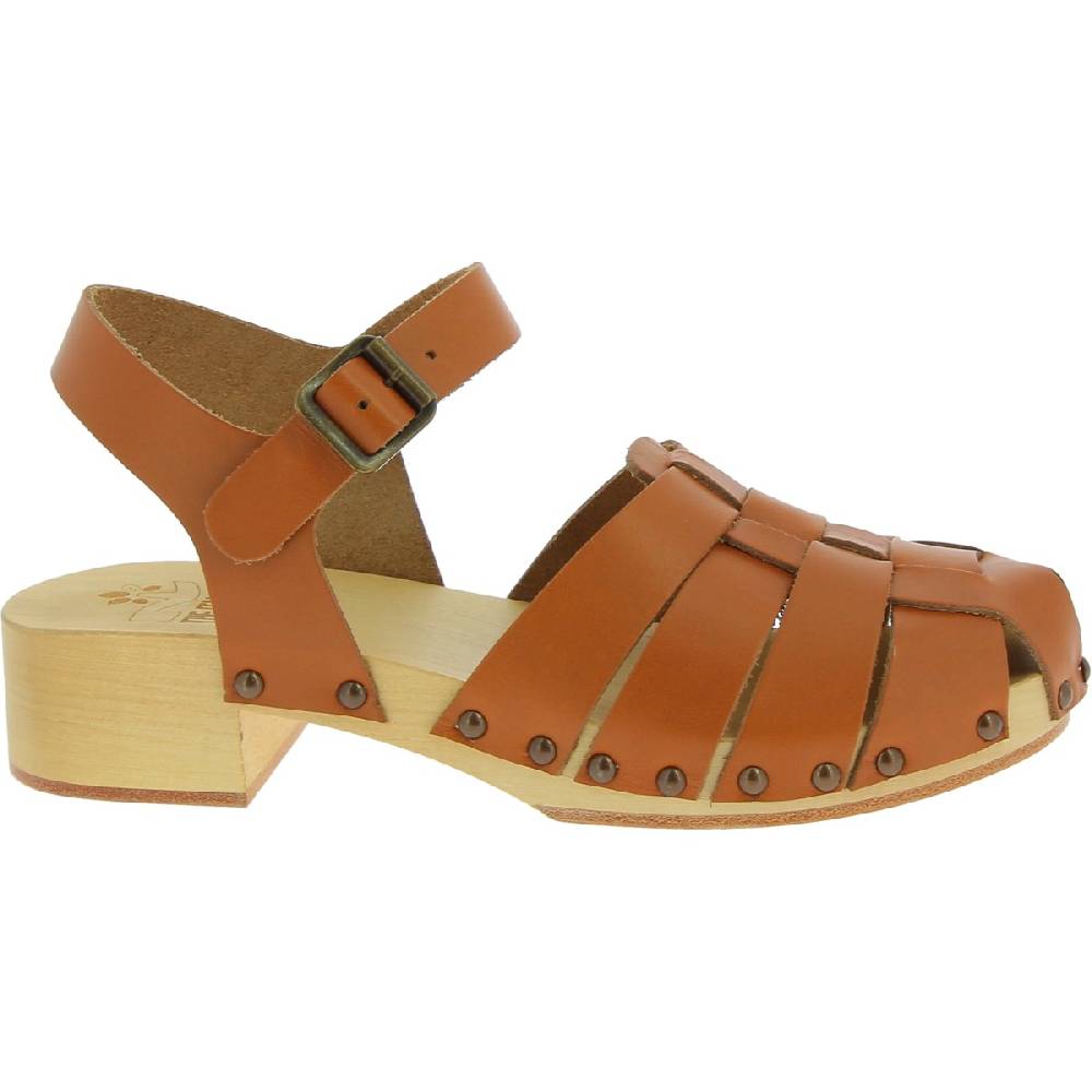 Lartigiano Del Cuoio Zoccoli donna in legno artigianali con tomaia a gabbia in pelle color cuoio Soddisfazione Garantita
