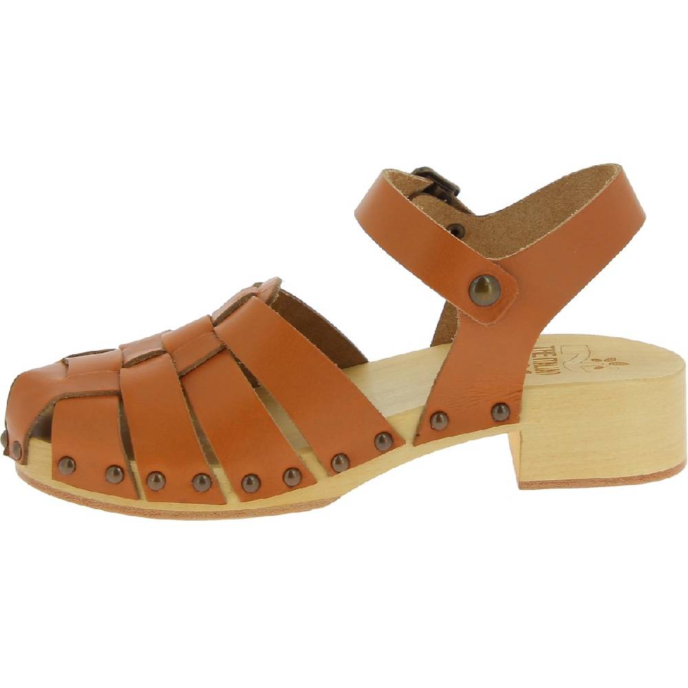 Lartigiano Del Cuoio Zoccoli donna in legno artigianali con tomaia a gabbia in pelle color cuoio Soddisfazione Garantita
