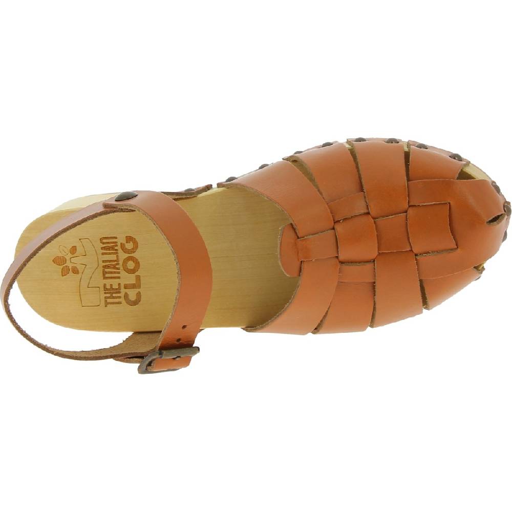 Lartigiano Del Cuoio Zoccoli donna in legno artigianali con tomaia a gabbia in pelle color cuoio Soddisfazione Garantita
