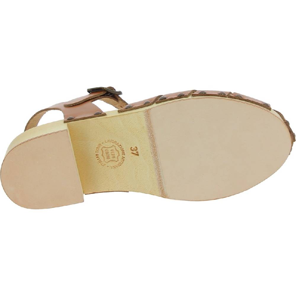 Lartigiano Del Cuoio Zoccoli donna in legno artigianali con tomaia a gabbia in pelle color cuoio Soddisfazione Garantita