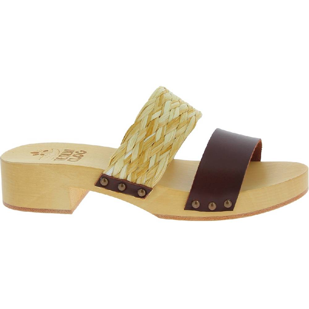Lartigiano Del Cuoio Sabot in legno da donna artigianali con fascia in rafia e pelle testa di moro Sconto