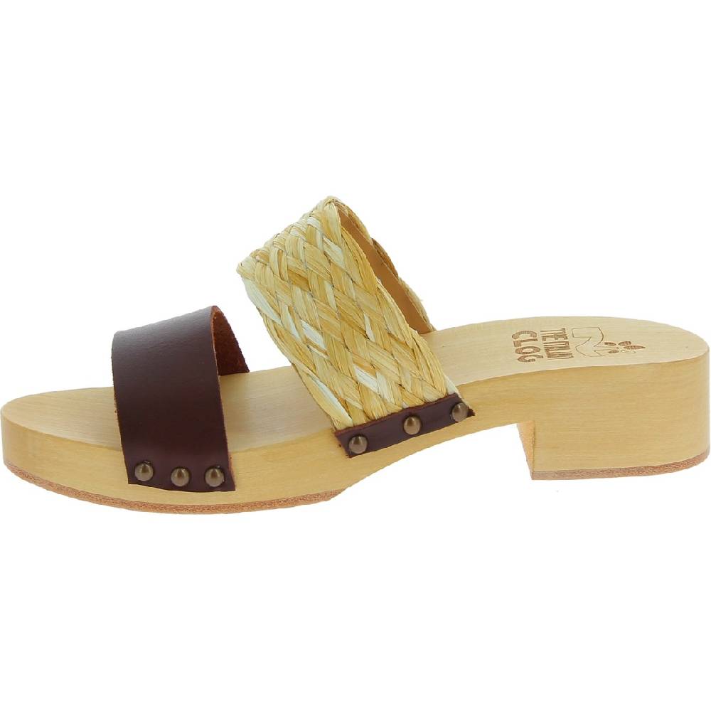 Lartigiano Del Cuoio Sabot in legno da donna artigianali con fascia in rafia e pelle testa di moro Sconto