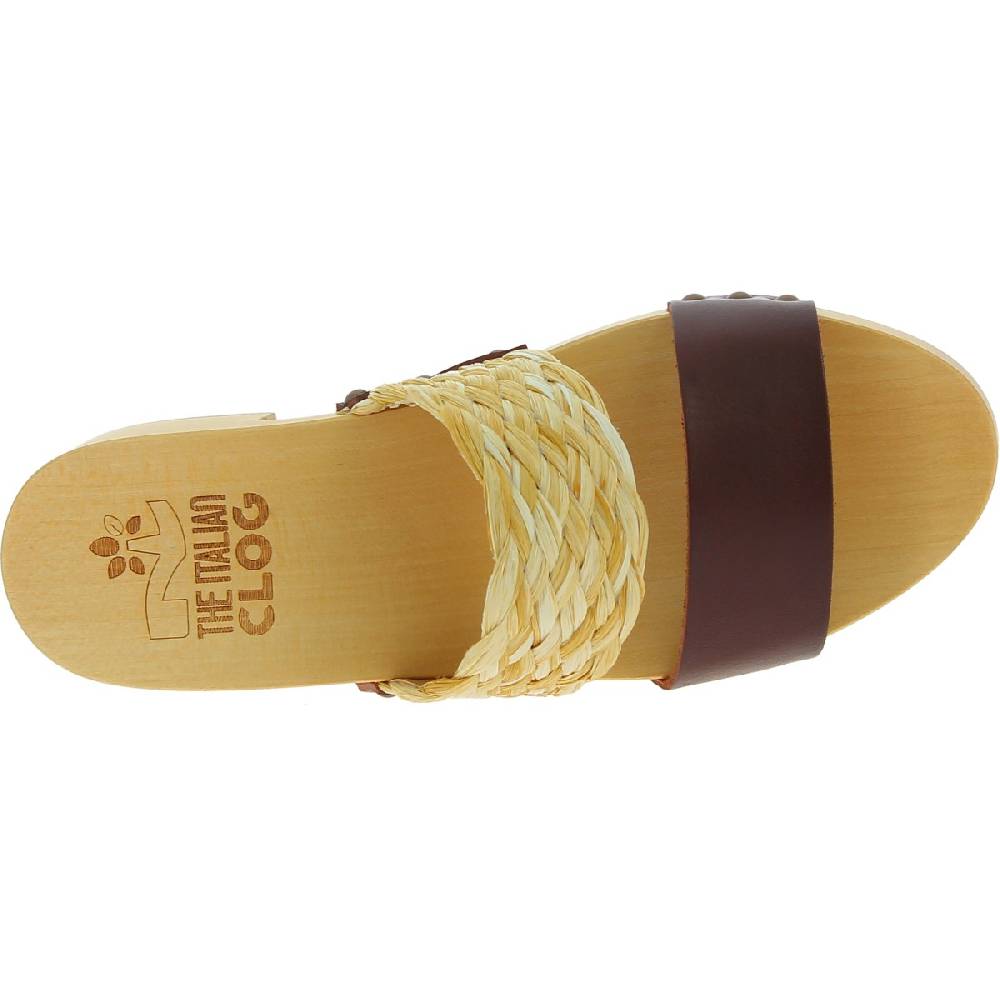 Lartigiano Del Cuoio Sabot in legno da donna artigianali con fascia in rafia e pelle testa di moro Sconto