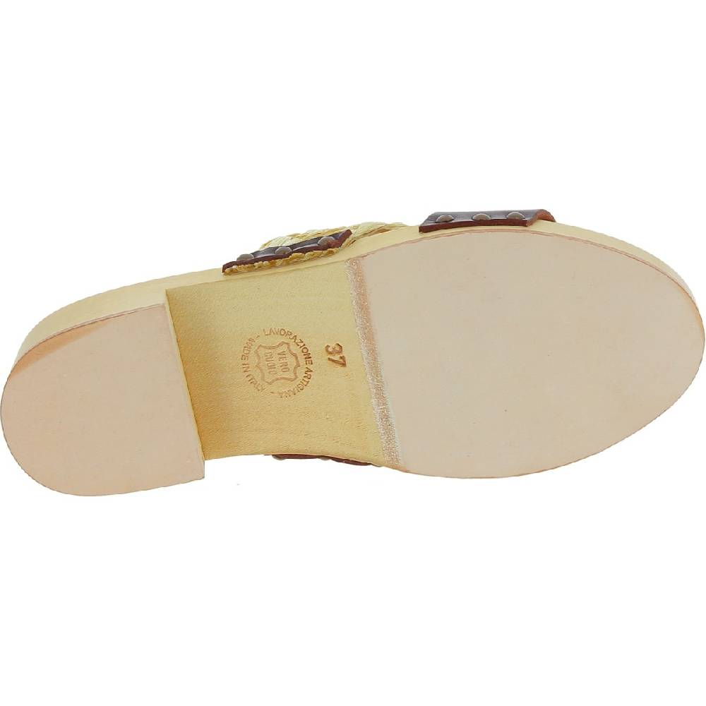 Lartigiano Del Cuoio Sabot in legno da donna artigianali con fascia in rafia e pelle testa di moro Sconto