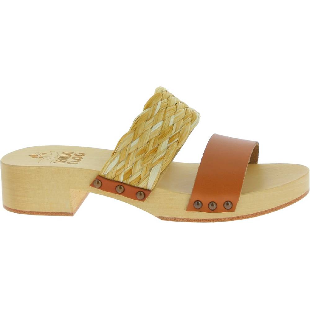 Lartigiano Del Cuoio Sabot in legno da donna artigianali con fascia in rafia e pelle color cuoio Hotsell