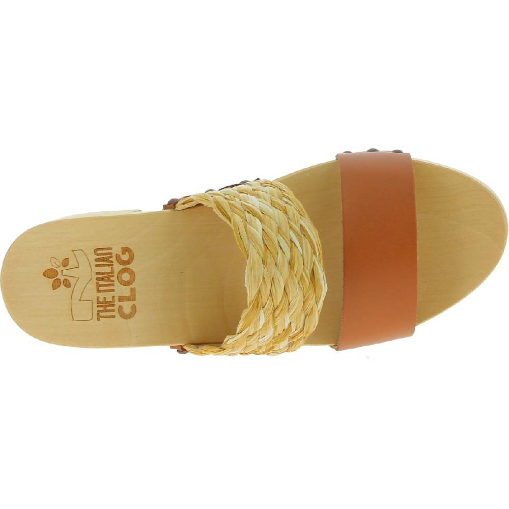 Lartigiano Del Cuoio Sabot in legno da donna artigianali con fascia in rafia e pelle color cuoio Hotsell