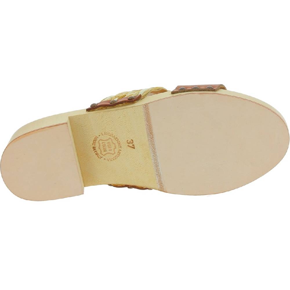 Lartigiano Del Cuoio Sabot in legno da donna artigianali con fascia in rafia e pelle color cuoio Hotsell