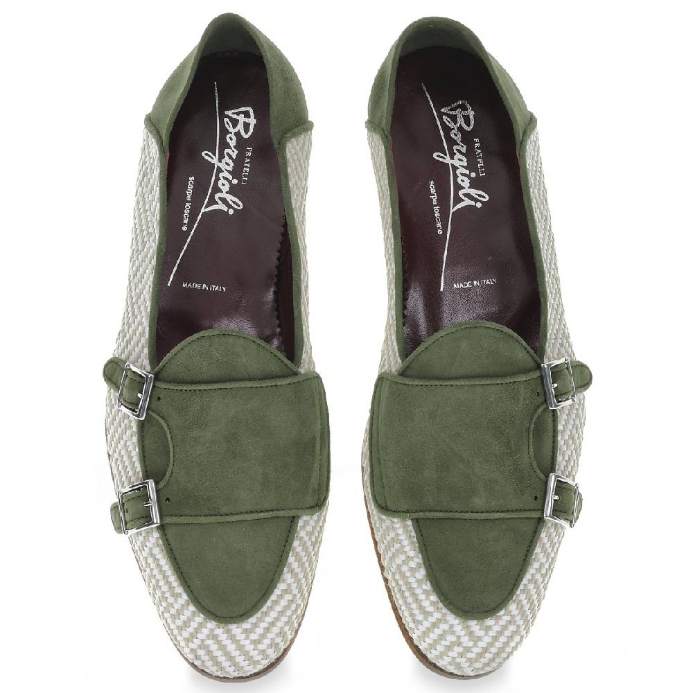 Lartigiano Del Cuoio Mocassino doppia fibbia in camoscio verde e tessuto intrecciato - Fratelli Borgioli Shopping Online