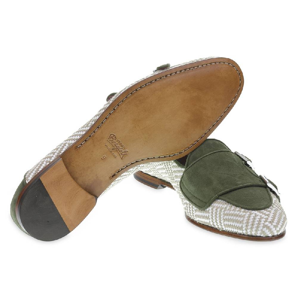 Lartigiano Del Cuoio Mocassino doppia fibbia in camoscio verde e tessuto intrecciato - Fratelli Borgioli Shopping Online