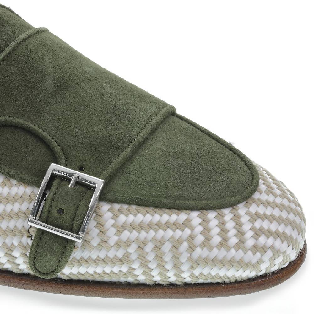Lartigiano Del Cuoio Mocassino doppia fibbia in camoscio verde e tessuto intrecciato - Fratelli Borgioli Shopping Online