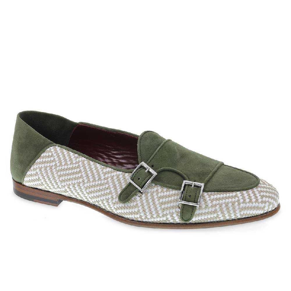 Lartigiano Del Cuoio Mocassino doppia fibbia in camoscio verde e tessuto intrecciato - Fratelli Borgioli Shopping Online
