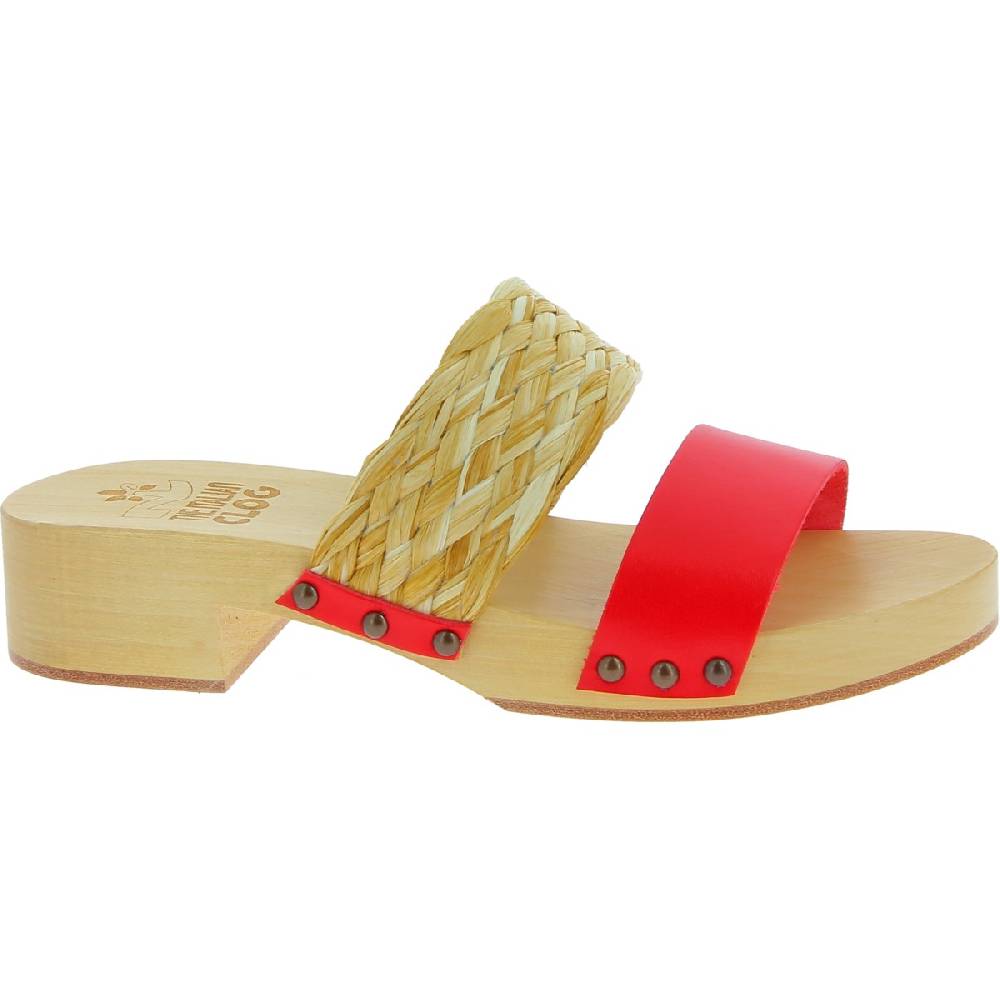 Lartigiano Del Cuoio Sabot in legno da donna artigianali con fascia in rafia e pelle rossa Offerte giornaliere