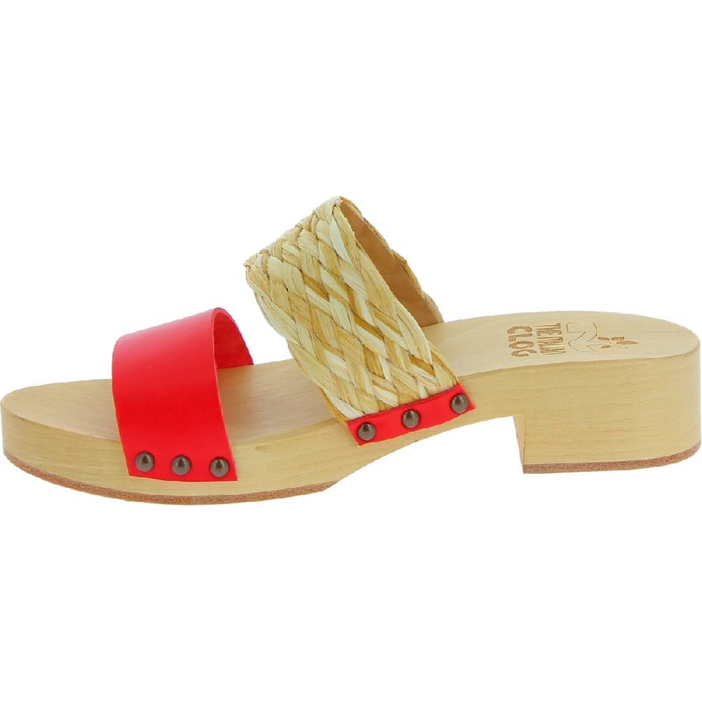 Lartigiano Del Cuoio Sabot in legno da donna artigianali con fascia in rafia e pelle rossa Offerte giornaliere