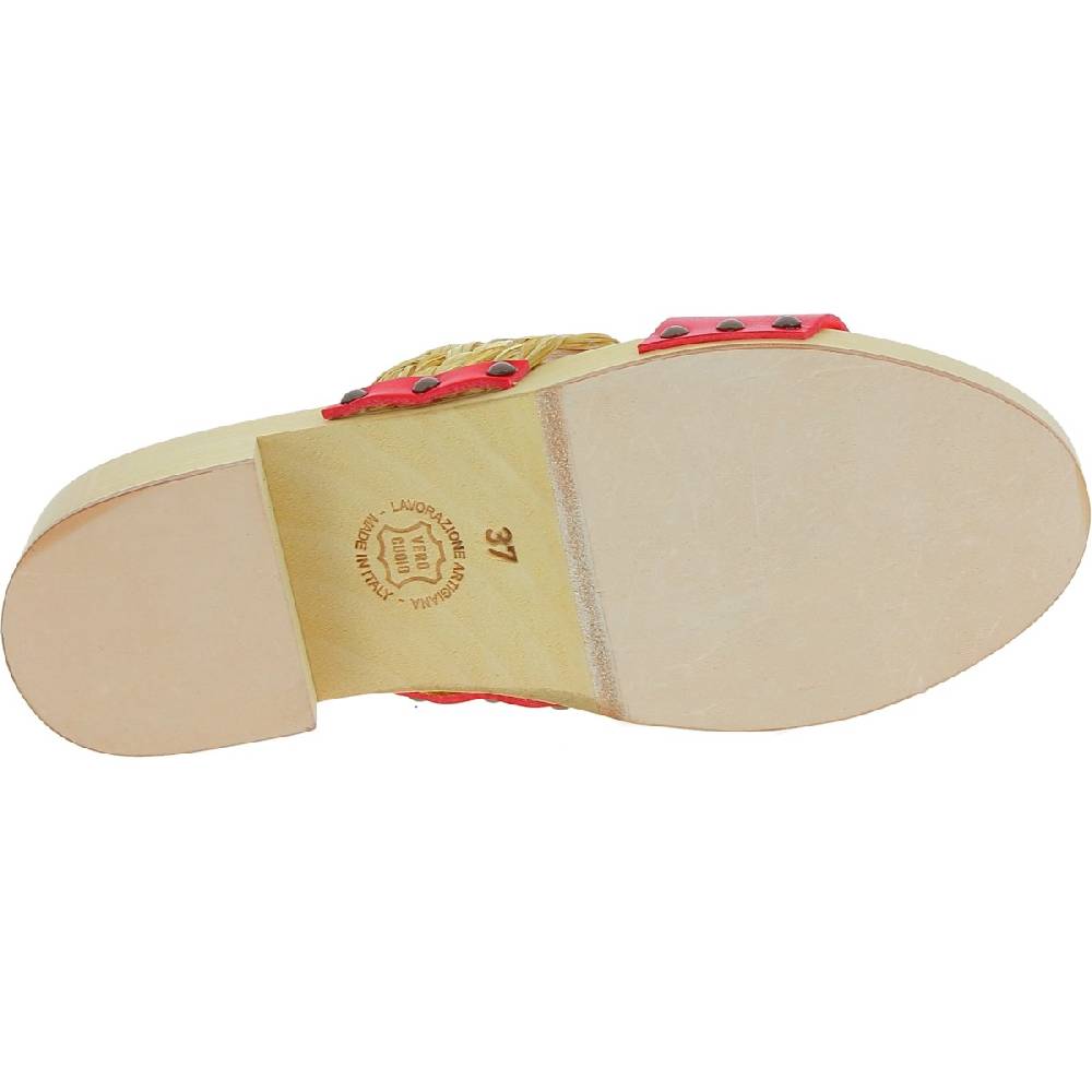 Lartigiano Del Cuoio Sabot in legno da donna artigianali con fascia in rafia e pelle rossa Offerte giornaliere