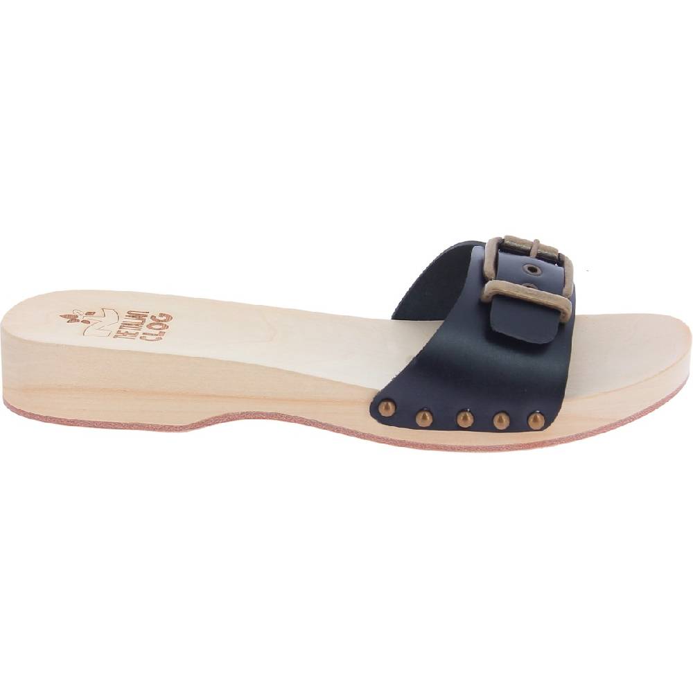 Lartigiano Del Cuoio Zoccoli di legno artigianali da uomo con fascia regolabile in pelle nera Offerta