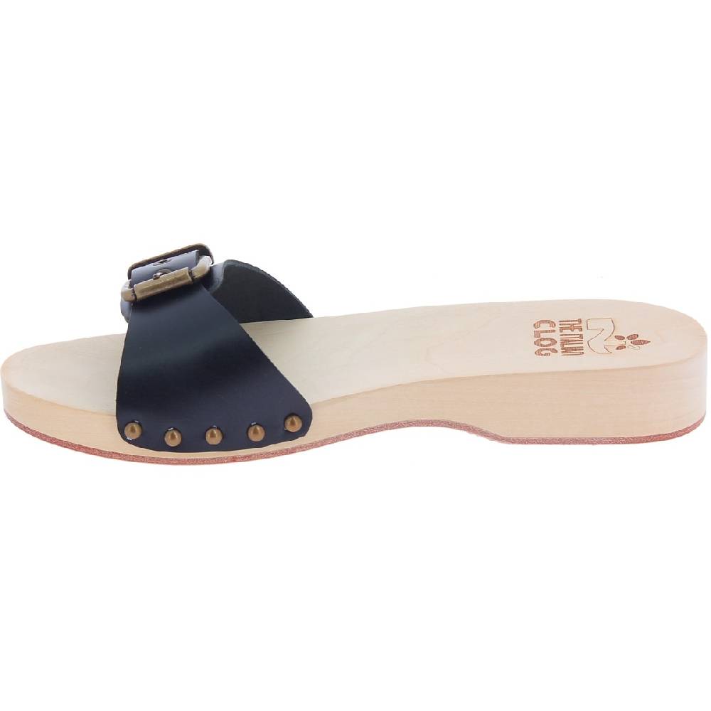 Lartigiano Del Cuoio Zoccoli di legno artigianali da uomo con fascia regolabile in pelle nera Offerta