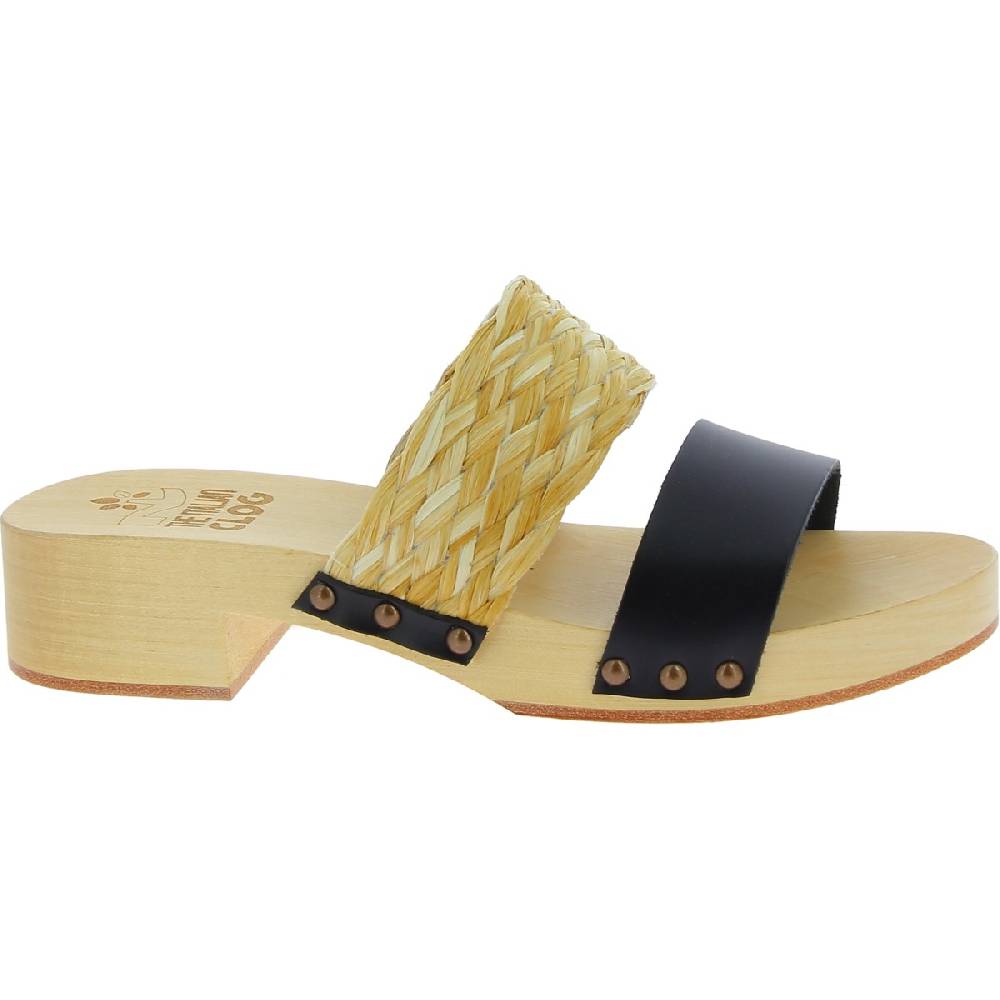 Lartigiano Del Cuoio Sabot da donna in legno artigianali con fascia in rafia e pelle nero Saldi Di Fabbrica