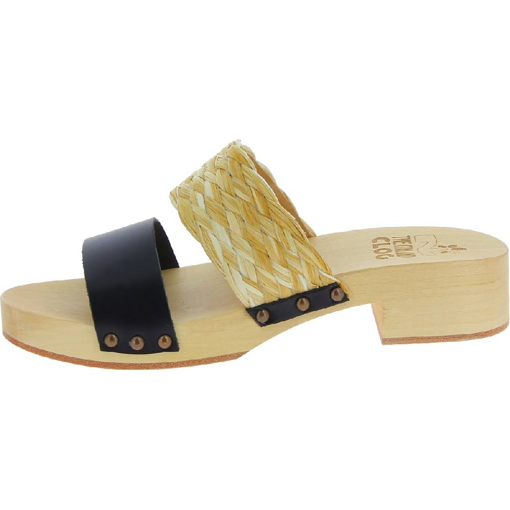Lartigiano Del Cuoio Sabot da donna in legno artigianali con fascia in rafia e pelle nero Saldi Di Fabbrica