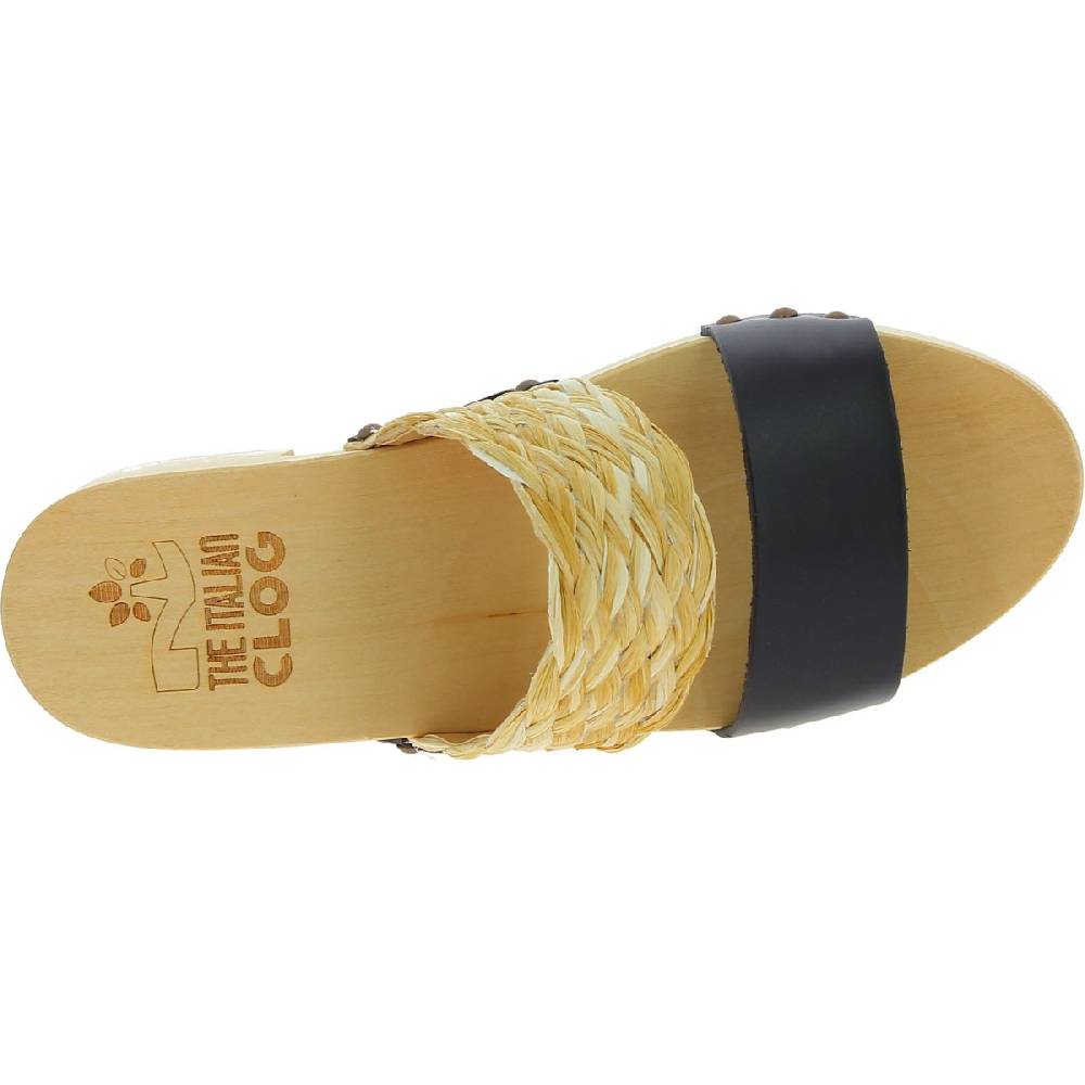 Lartigiano Del Cuoio Sabot da donna in legno artigianali con fascia in rafia e pelle nero Saldi Di Fabbrica