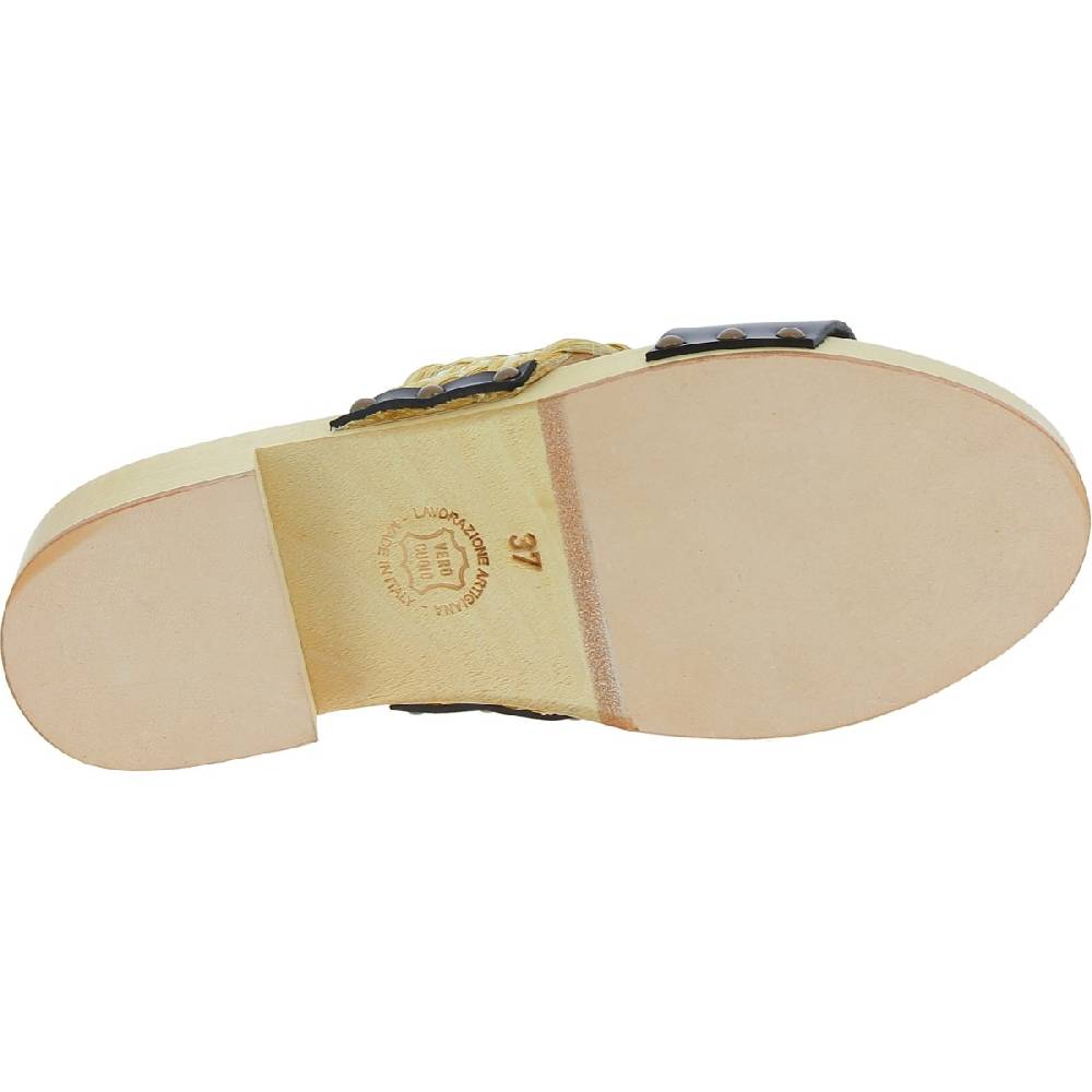Lartigiano Del Cuoio Sabot da donna in legno artigianali con fascia in rafia e pelle nero Saldi Di Fabbrica