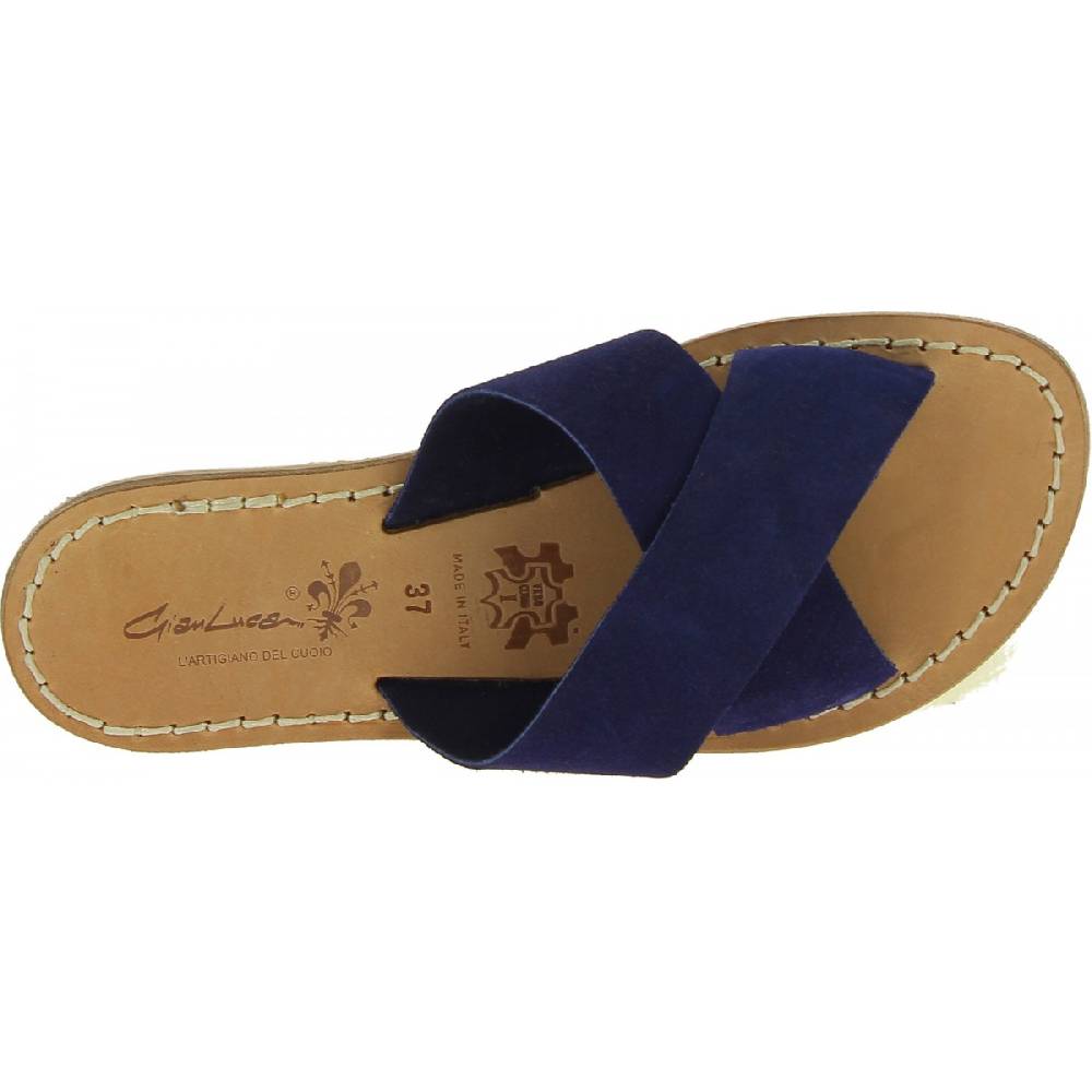 Lartigiano Del Cuoio Ciabatte donna in pelle nabuk blu fatte a mano Nuova