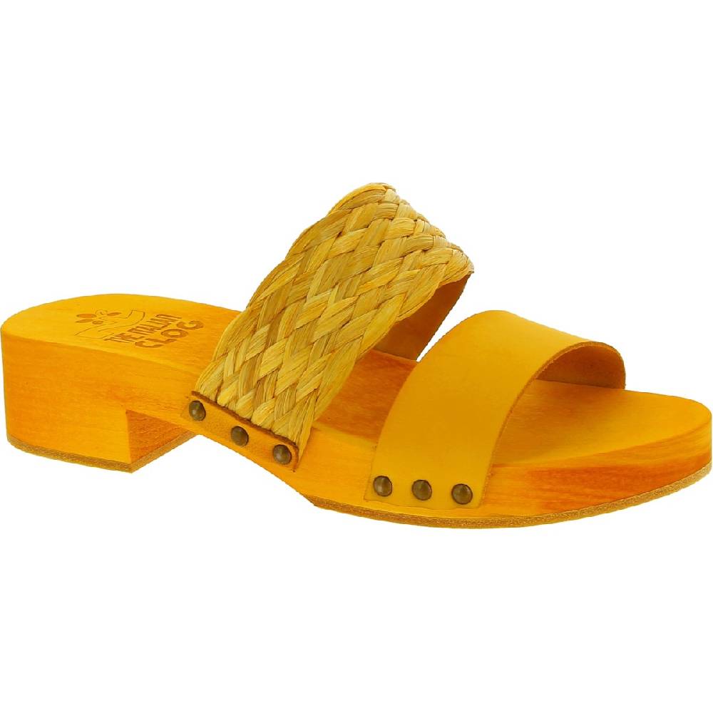 Lartigiano Del Cuoio Sabot da donna giallo in legno artigianali con fascia in rafia e pelle