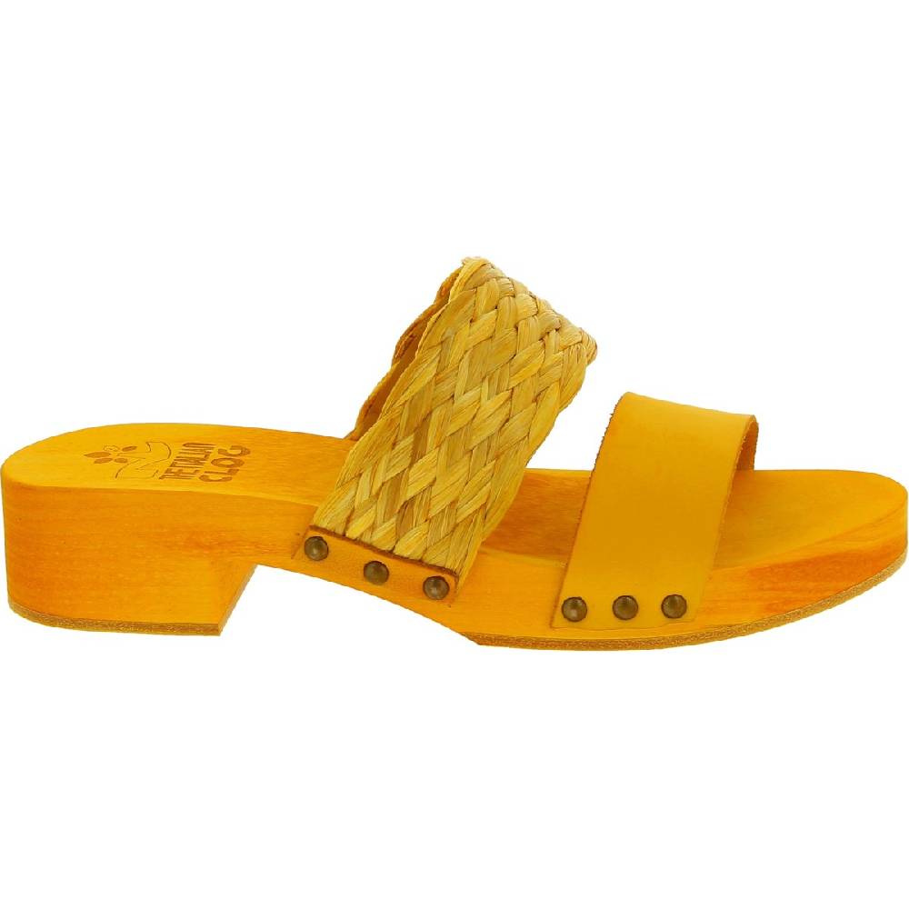 Lartigiano Del Cuoio Sabot da donna giallo in legno artigianali con fascia in rafia e pelle 2025