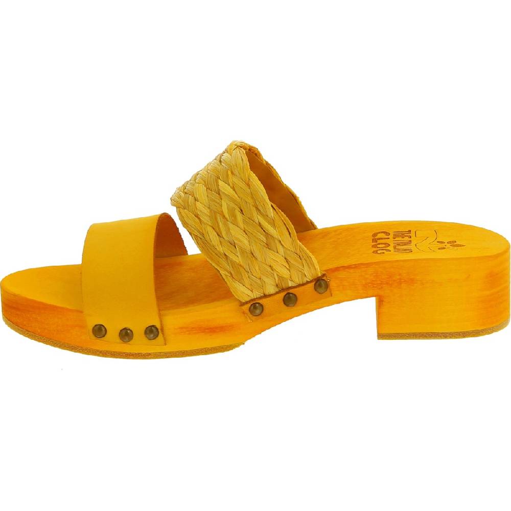 Lartigiano Del Cuoio Sabot da donna giallo in legno artigianali con fascia in rafia e pelle 2025