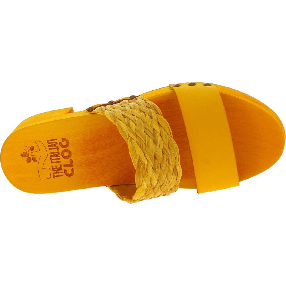 Lartigiano Del Cuoio Sabot da donna giallo in legno artigianali con fascia in rafia e pelle 2025