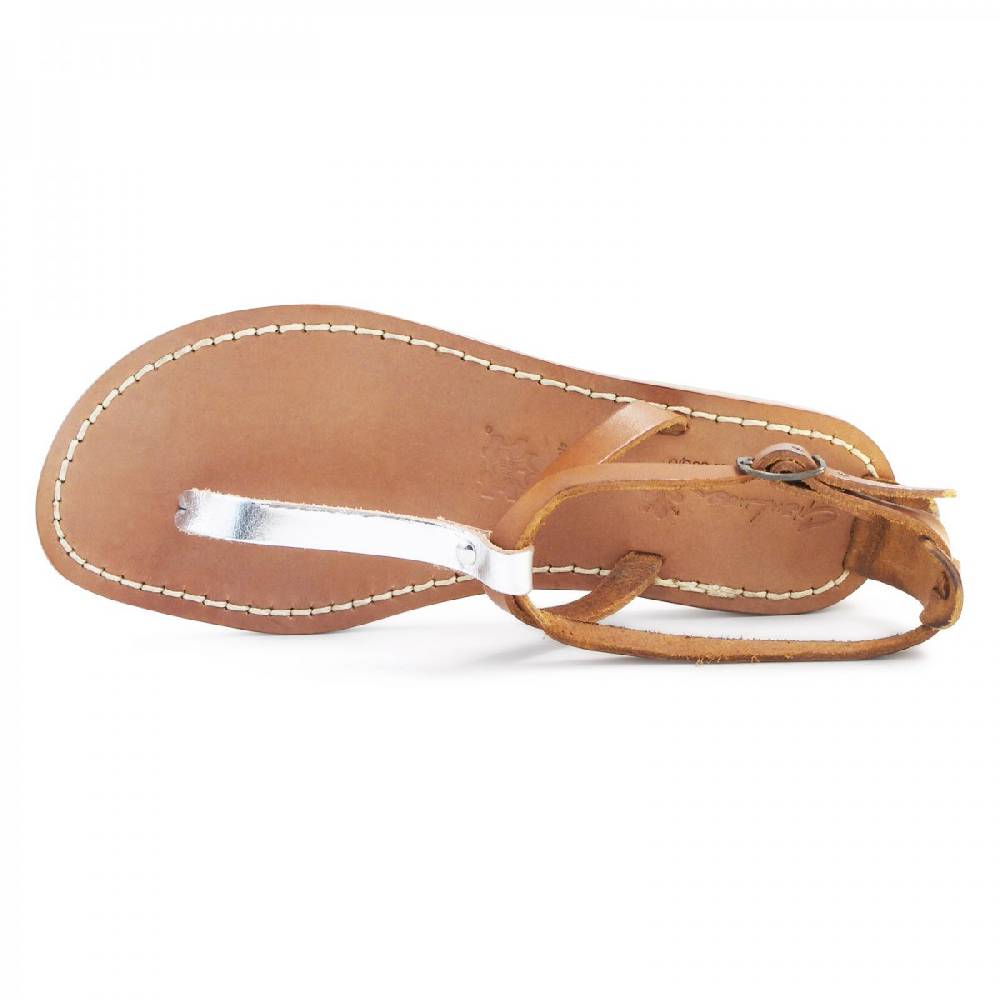 Lartigiano Del Cuoio Sandali infradito donna in pelle bicolore cuoio e argento Negozi Online