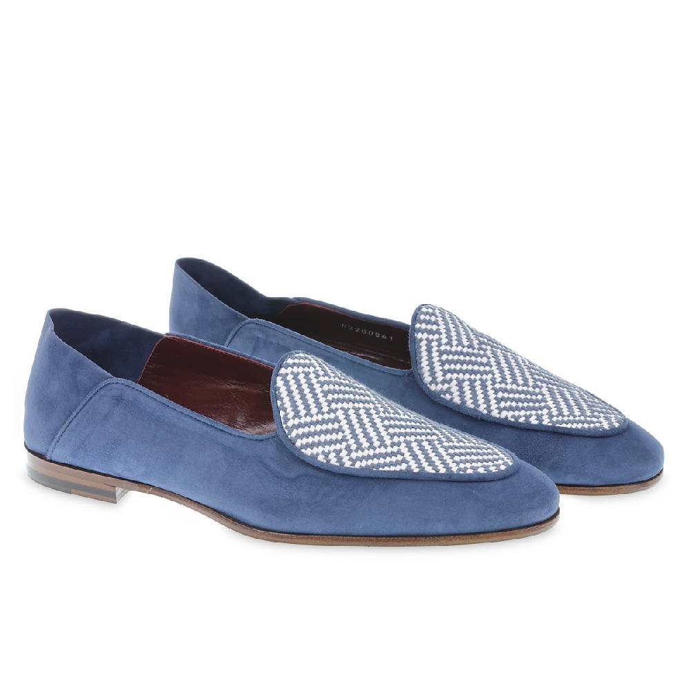 Lartigiano Del Cuoio Mocassino in camoscio azzurro e tessuto intrecciato fatto a mano
