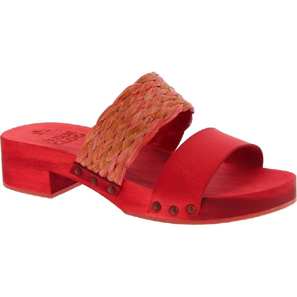 Lartigiano Del Cuoio Sabot da donna rosso in legno artigianali con fascia in rafia e pelle