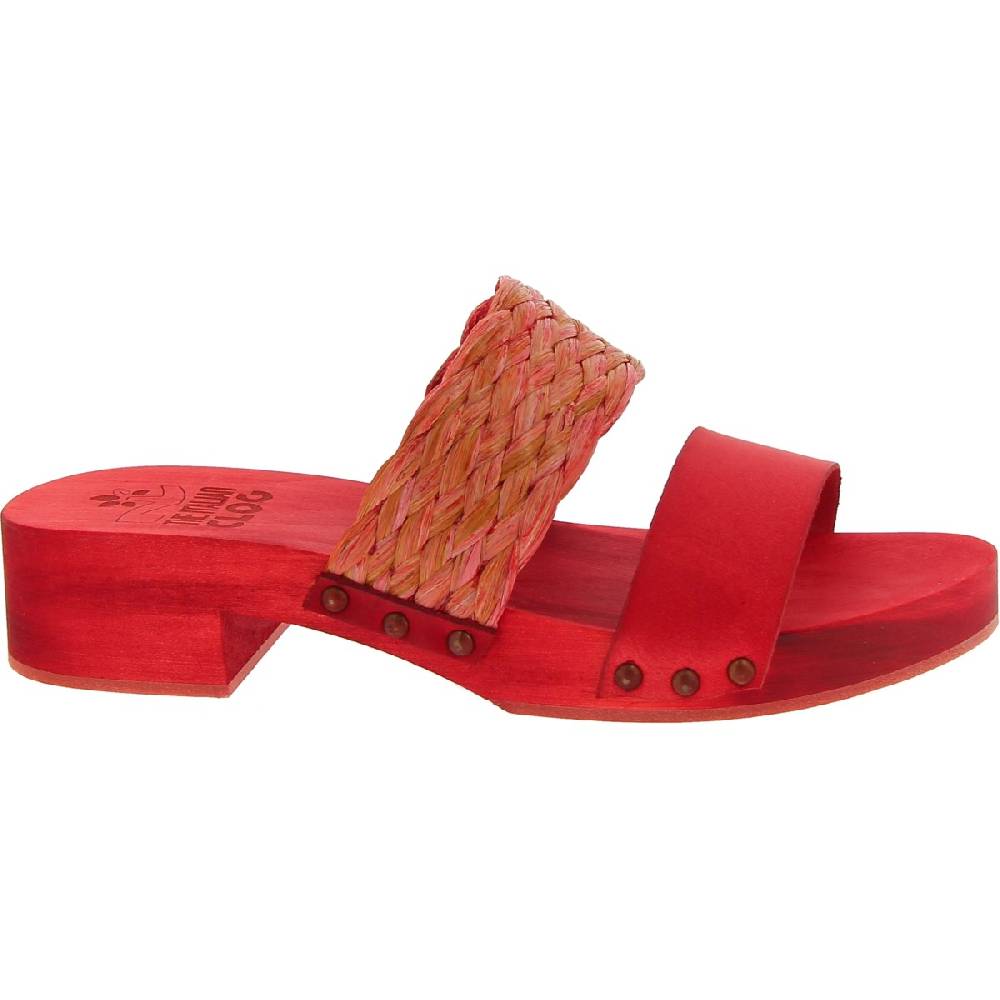 Lartigiano Del Cuoio Sabot da donna rosso in legno artigianali con fascia in rafia e pelle Vendita Economica