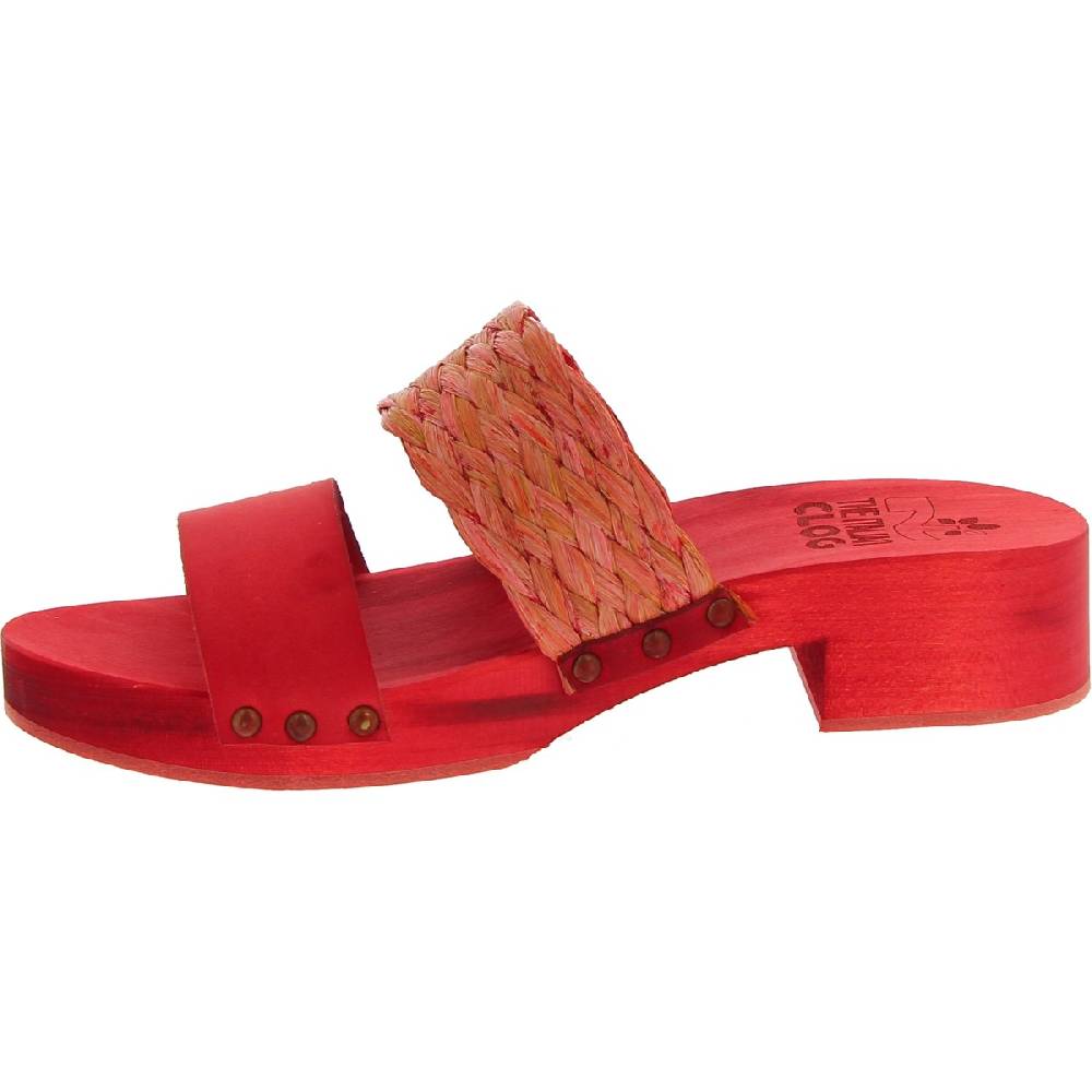 Lartigiano Del Cuoio Sabot da donna rosso in legno artigianali con fascia in rafia e pelle Vendita Economica