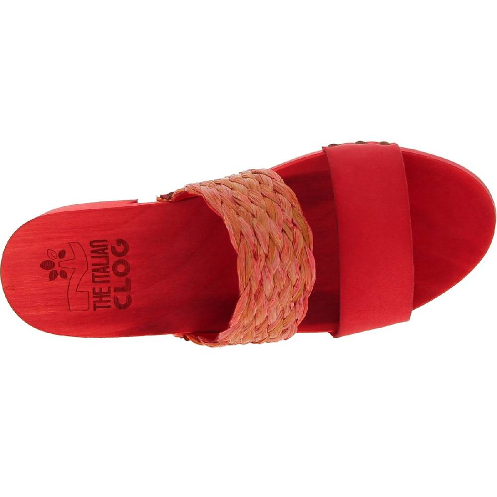 Lartigiano Del Cuoio Sabot da donna rosso in legno artigianali con fascia in rafia e pelle Vendita Economica