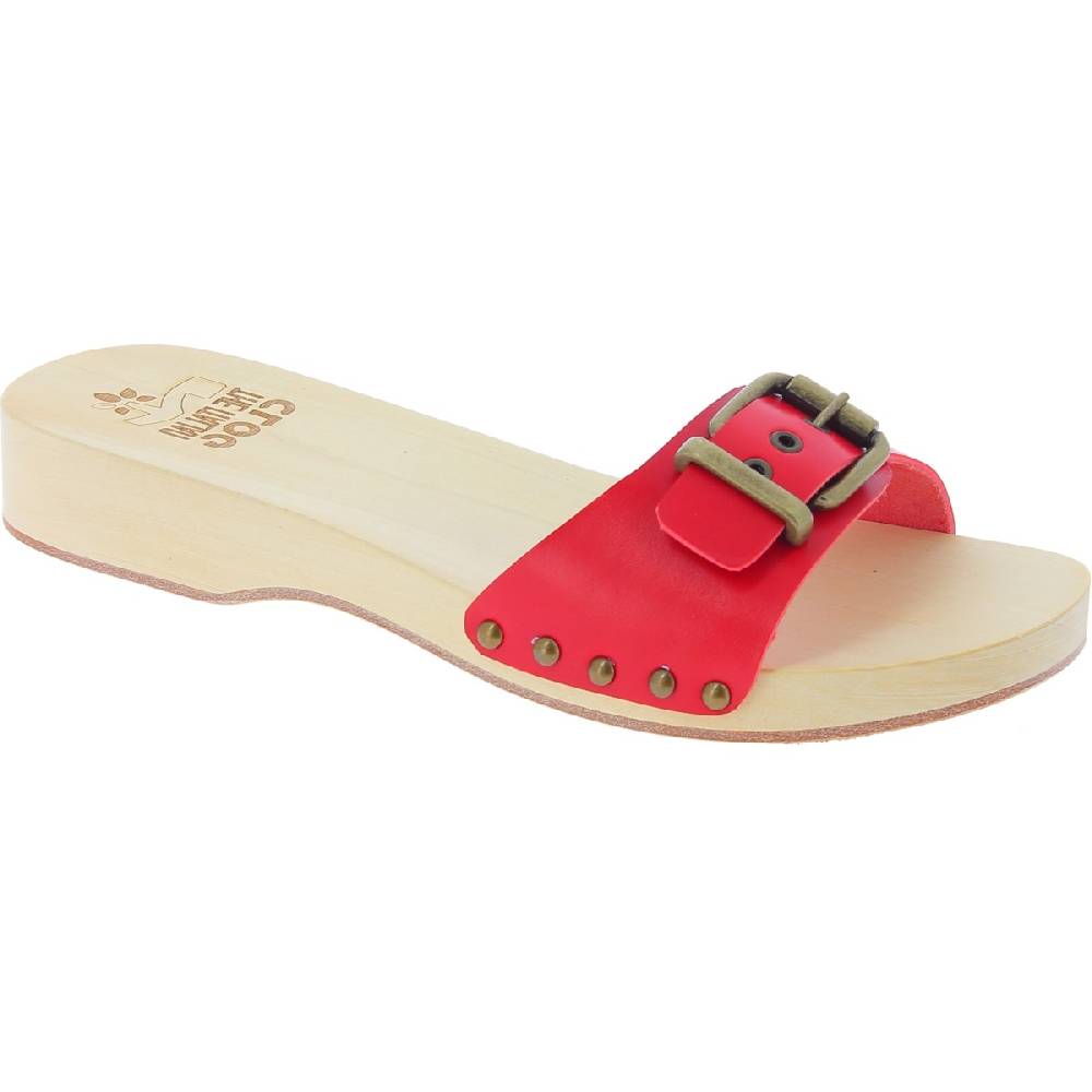 Lartigiano Del Cuoio Zoccoli di legno artigianali da donna con fascia regolabile in pelle rossa