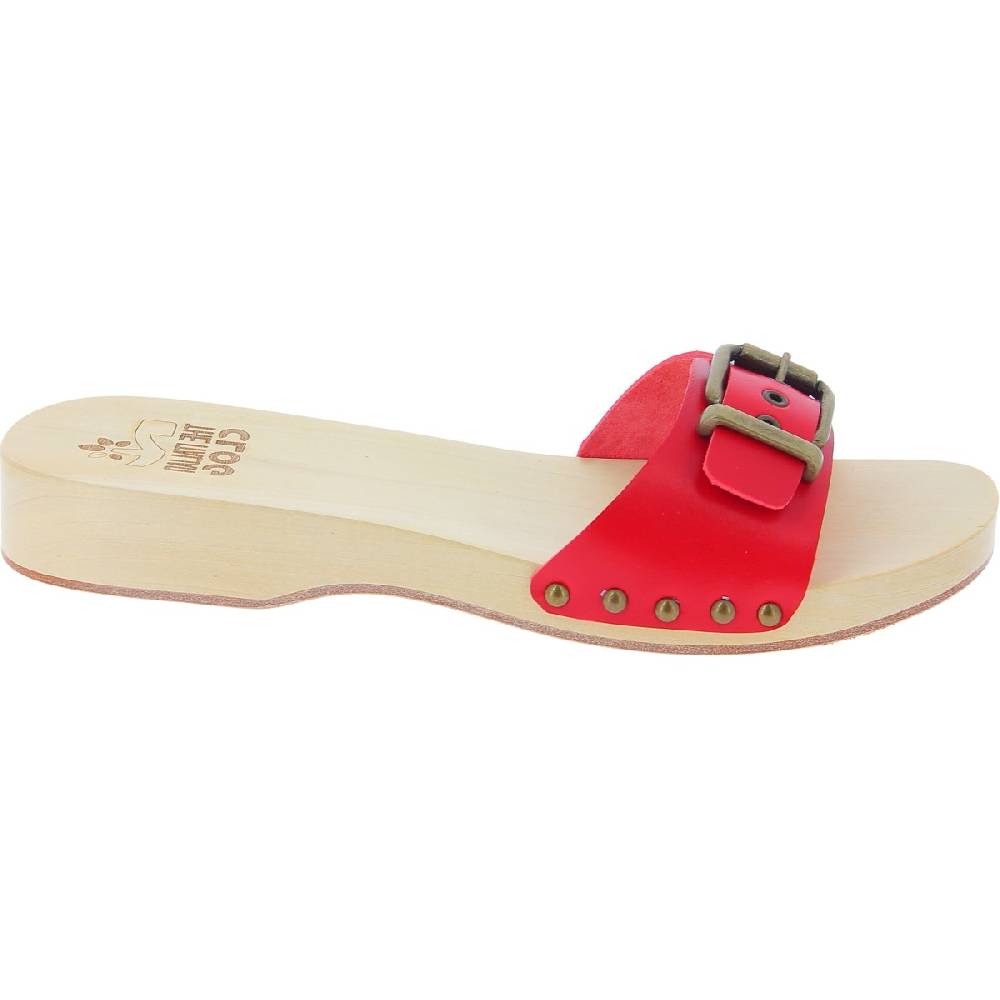 Lartigiano Del Cuoio Zoccoli di legno artigianali da donna con fascia regolabile in pelle rossa Moda