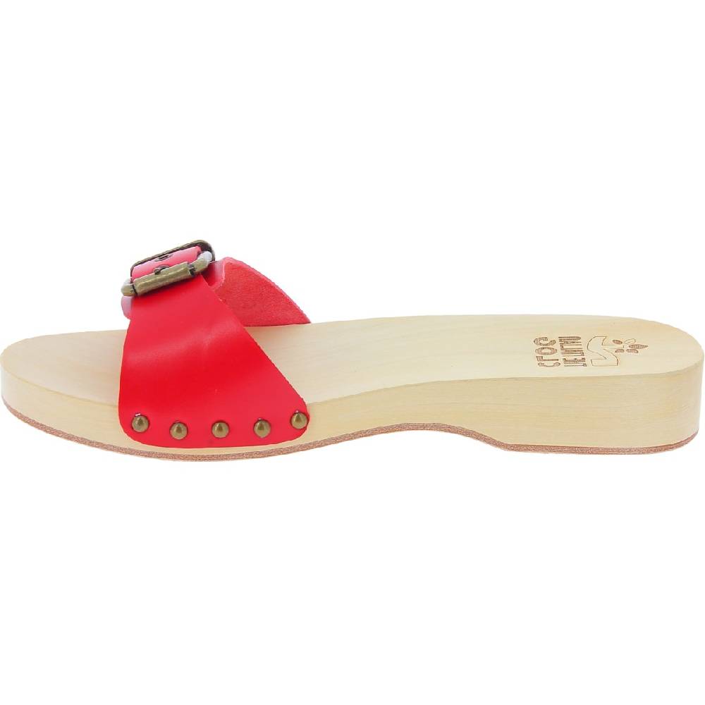 Lartigiano Del Cuoio Zoccoli di legno artigianali da donna con fascia regolabile in pelle rossa Moda