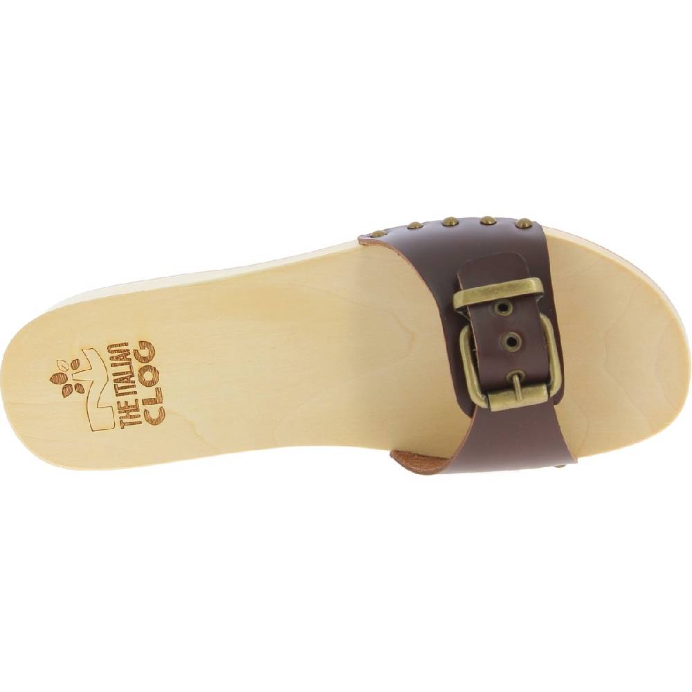 Lartigiano Del Cuoio Zoccoli in legno donna con fascia regolabile in pelle marrone scuro Qualità
