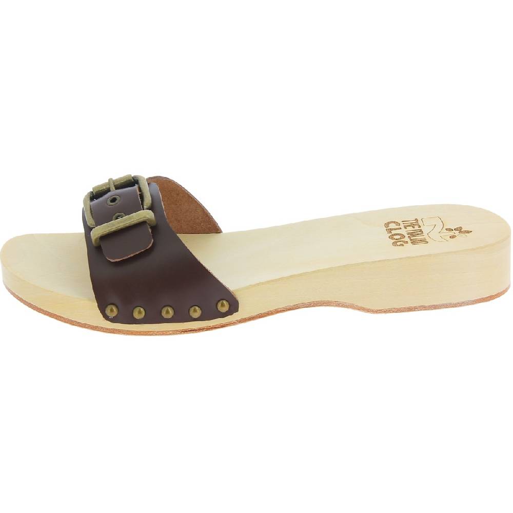 Lartigiano Del Cuoio Zoccoli in legno donna con fascia regolabile in pelle marrone scuro Qualità