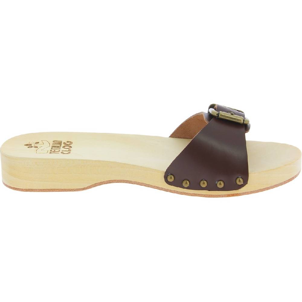 Lartigiano Del Cuoio Zoccoli in legno donna con fascia regolabile in pelle marrone scuro Qualità