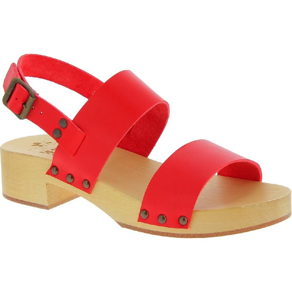 Lartigiano Del Cuoio Zoccoli donna in legno con fasce in pelle rossa