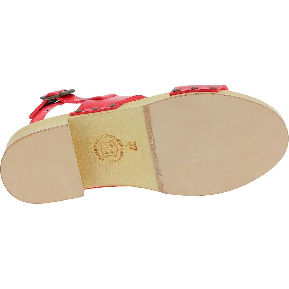 Lartigiano Del Cuoio Zoccoli donna in legno con fasce in pelle rossa Vendita Economica
